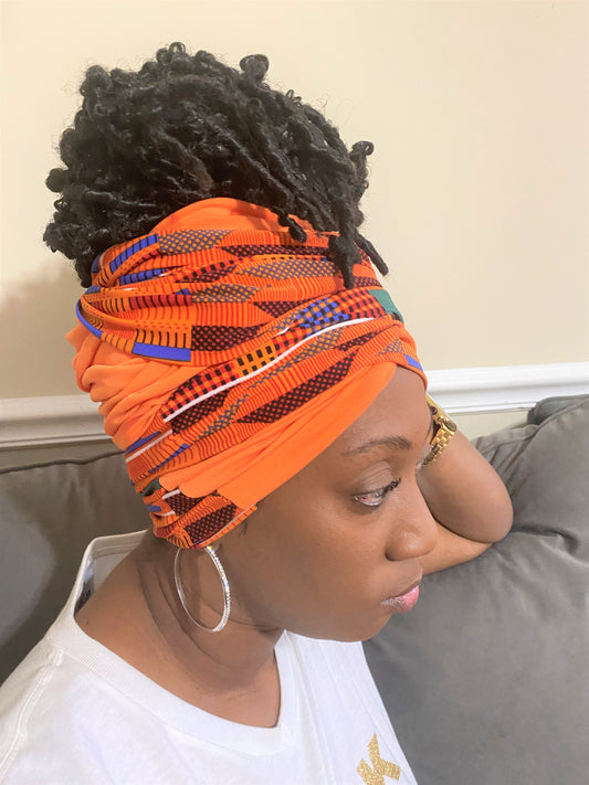 Orange Kente Mix Head-Wrap
