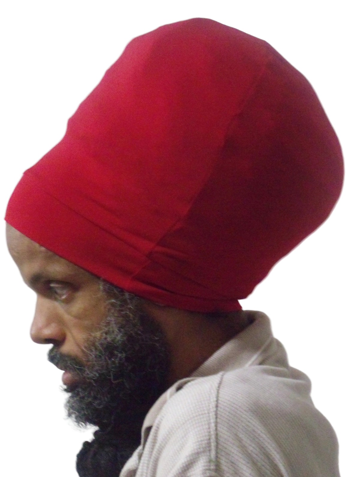 Red stretch hat - side view.