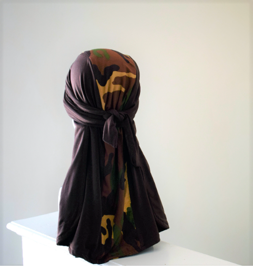 Back View - Durag made from stretch brown fabric mixed with matching camouflage center panel.