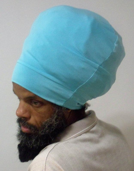 Light Blue stretch hat - side view.