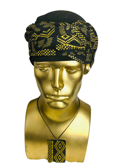 EZ PZ Turban™ - Black & Gold Gye Nyame Cotton Band.                                                                                                                                                           Black  With Black &  Gold Gye Nyame Cotton Band
