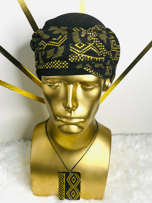 Black EZ PZ Turban With Black &  Gold Gye Nyame Cotton Band