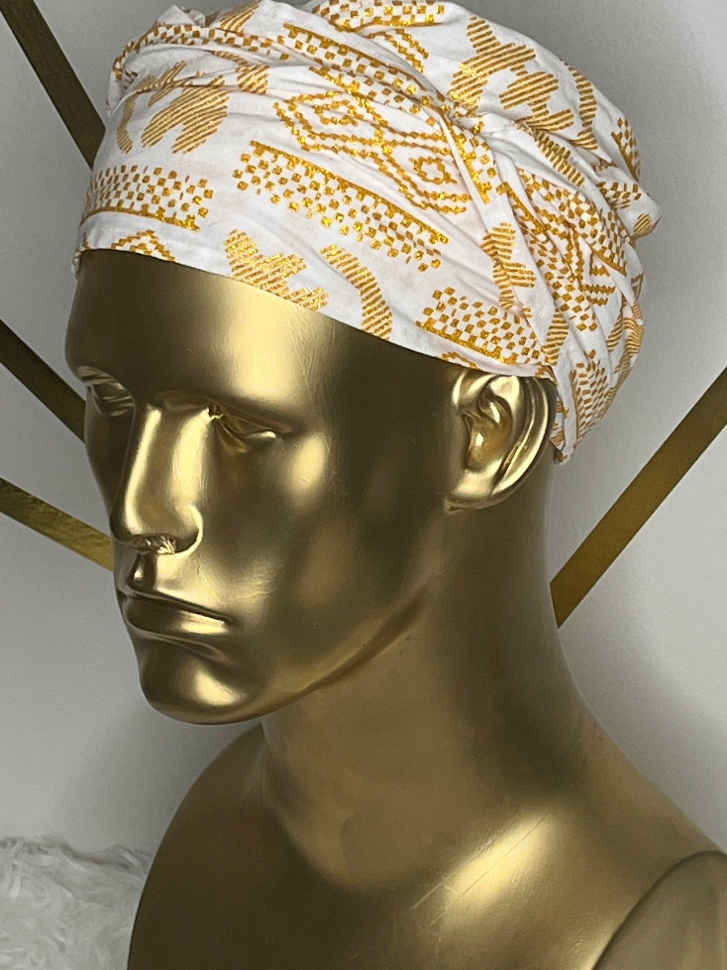 White EZ PZ Turban With White  &  Gold Gye Nyame Cotton Band