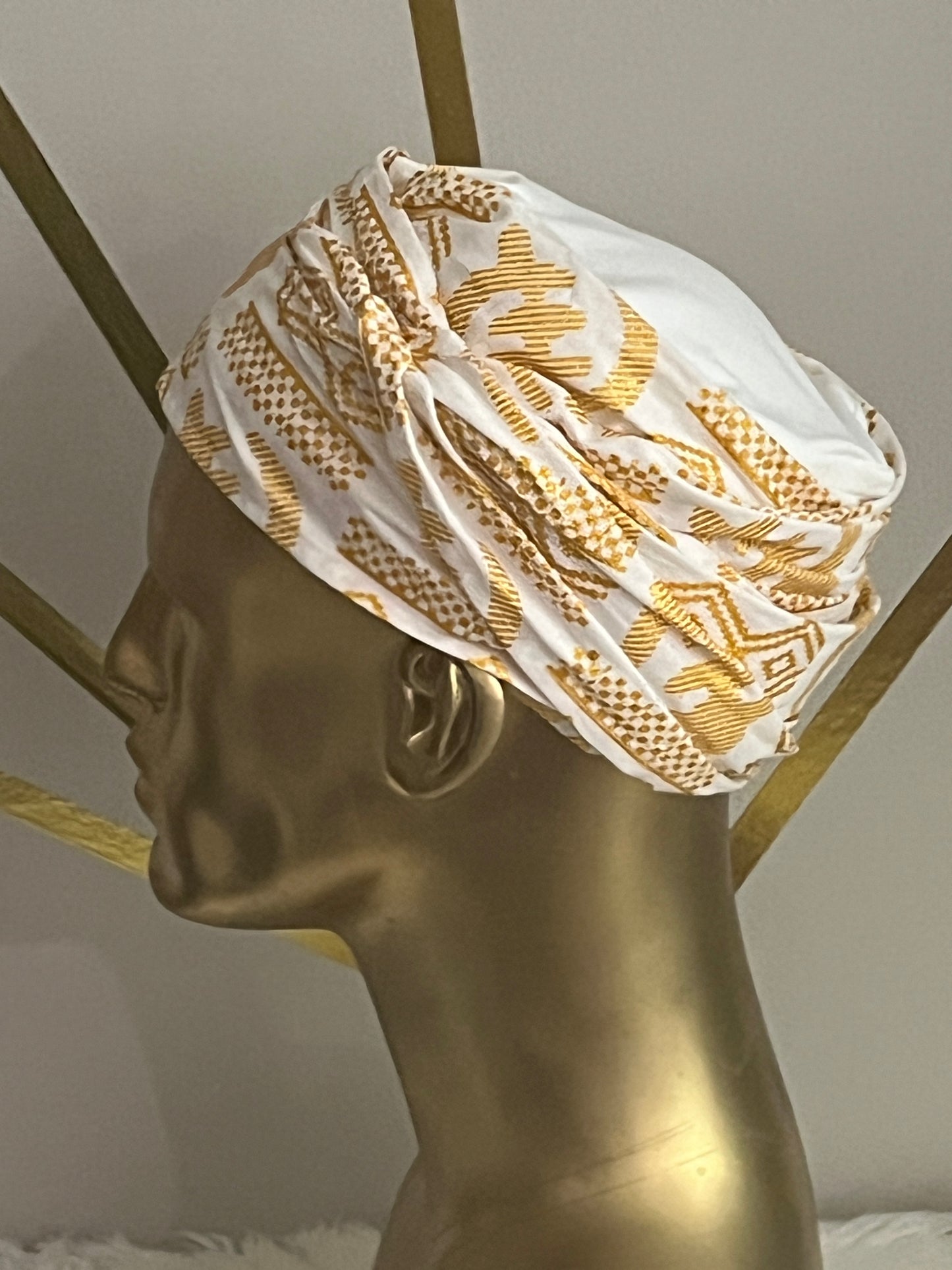 White EZ PZ Turban With White  &  Gold Gye Nyame Cotton Band