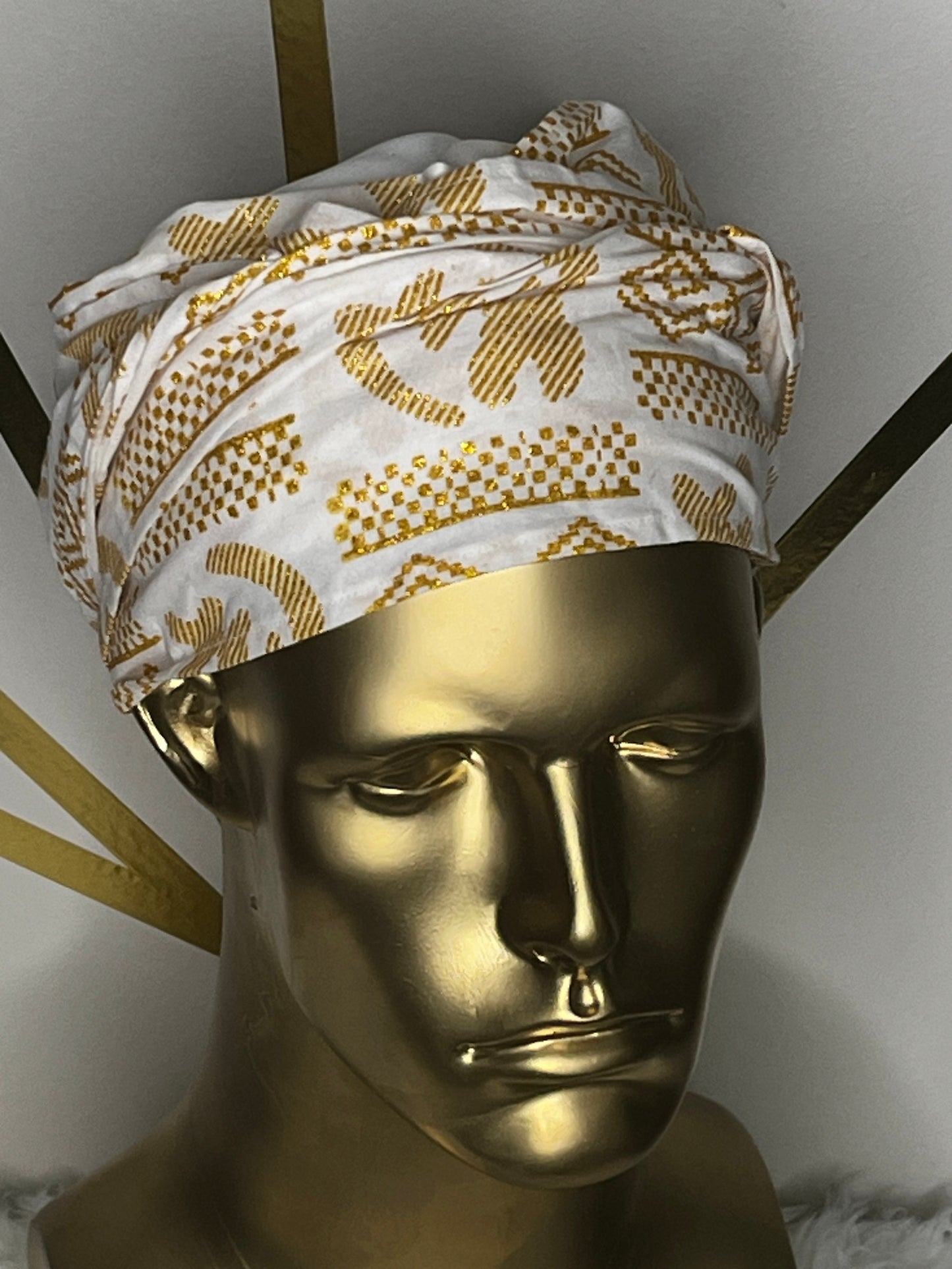 White EZ PZ Turban With White  &  Gold Gye Nyame Cotton Band
