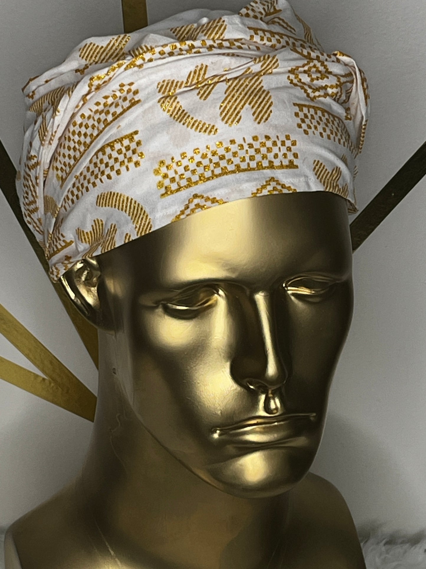 White EZ PZ Turban With White  &  Gold Gye Nyame Cotton Band