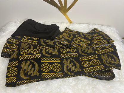 EZ PZ Turban™ - Black & Gold Gye Nyame Cotton Band.                                                                                                                                                           Black  With Black &  Gold Gye Nyame Cotton Band