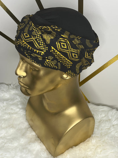 EZ PZ Turban™ - Black & Gold Gye Nyame Cotton Band.                                                                                                                                                           Black  With Black &  Gold Gye Nyame Cotton Band