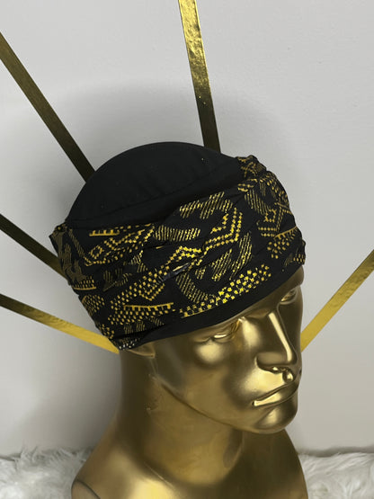 EZ PZ Turban™ - Black & Gold Gye Nyame Cotton Band.                                                                                                                                                           Black  With Black &  Gold Gye Nyame Cotton Band