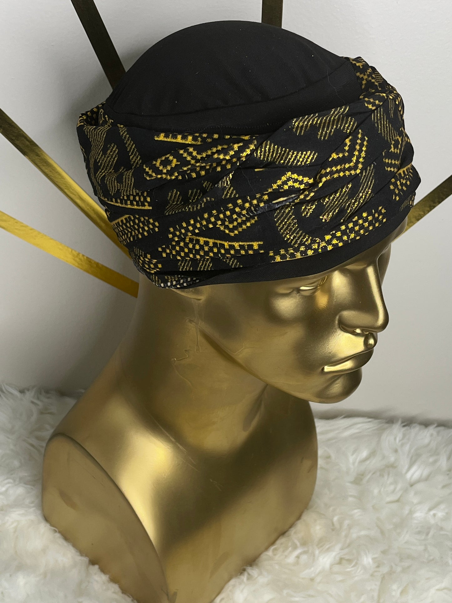 Black EZ PZ Turban With Black &  Gold Gye Nyame Cotton Band