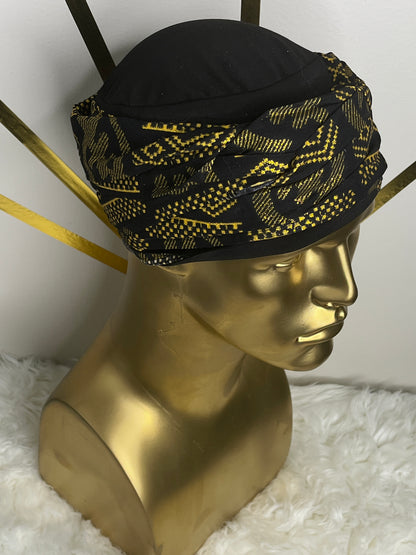 EZ PZ Turban™ - Black & Gold Gye Nyame Cotton Band.                                                                                                                                                           Black  With Black &  Gold Gye Nyame Cotton Band