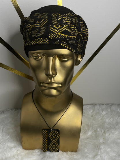 EZ PZ Turban™ - Black & Gold Gye Nyame Cotton Band.                                                                                                                                                           Black  With Black &  Gold Gye Nyame Cotton Band