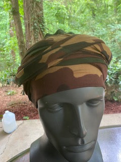 Front View - Dark camouflage turban for men with bald head, comes with two long bands, so you just slip the turban on your head and wrap the bands as desired.