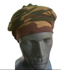 Front View - Dark camouflage turban for men with bald head, comes with two long bands, so you just slip the turban on your head and wrap the bands as desired.