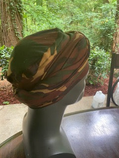 Right Side - Dark camouflage turban for men with bald head, comes with two long bands, so you just slip the turban on your head and wrap the bands as desired.