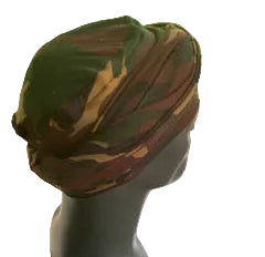 Right Side - Dark camouflage turban for men with bald head, comes with two long bands, so you just slip the turban on your head and wrap the bands as desired.