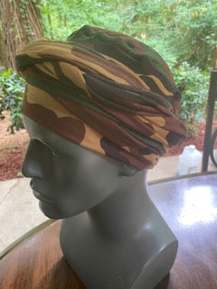 Left Side - Dark camouflage turban for men with bald head, comes with two long bands, so you just slip the turban on your head and wrap the bands as desired.