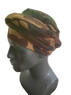 Left Side - Dark camouflage turban for men with bald head, comes with two long bands, so you just slip the turban on your head and wrap the bands as desired.