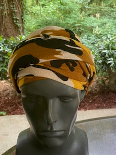 Front View - Yellow camouflage turban for men with bald head, comes with two long bands, so you just slip the turban on your head and wrap the bands as desired.