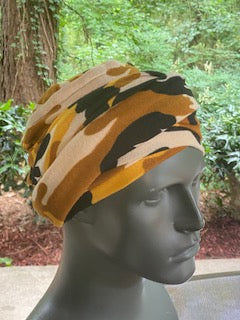 Right View - Yellow camouflage turban for men with bald head, comes with two long bands, so you just slip the turban on your head and wrap the bands as desired.