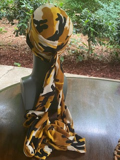 Back View - Yellow  camouflage turban for men with bald head, comes with two long bands, so you just slip the turban on your head and wrap the bands as desired.