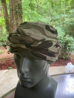 Front View - Dark camouflage turban for men with bald head, comes with two long bands, so you just slip the turban on your head and wrap the bands as desired.