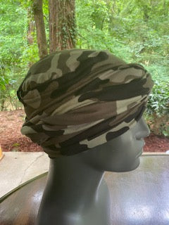 Right View - Dark camouflage turban for men with bald head, comes with two long bands, so you just slip the turban on your head and wrap the bands as desired.