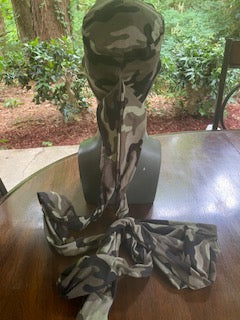 Back View - Dark camouflage turban for men with bald head, comes with two long bands, so you just slip the turban on your head and wrap the bands as desired.