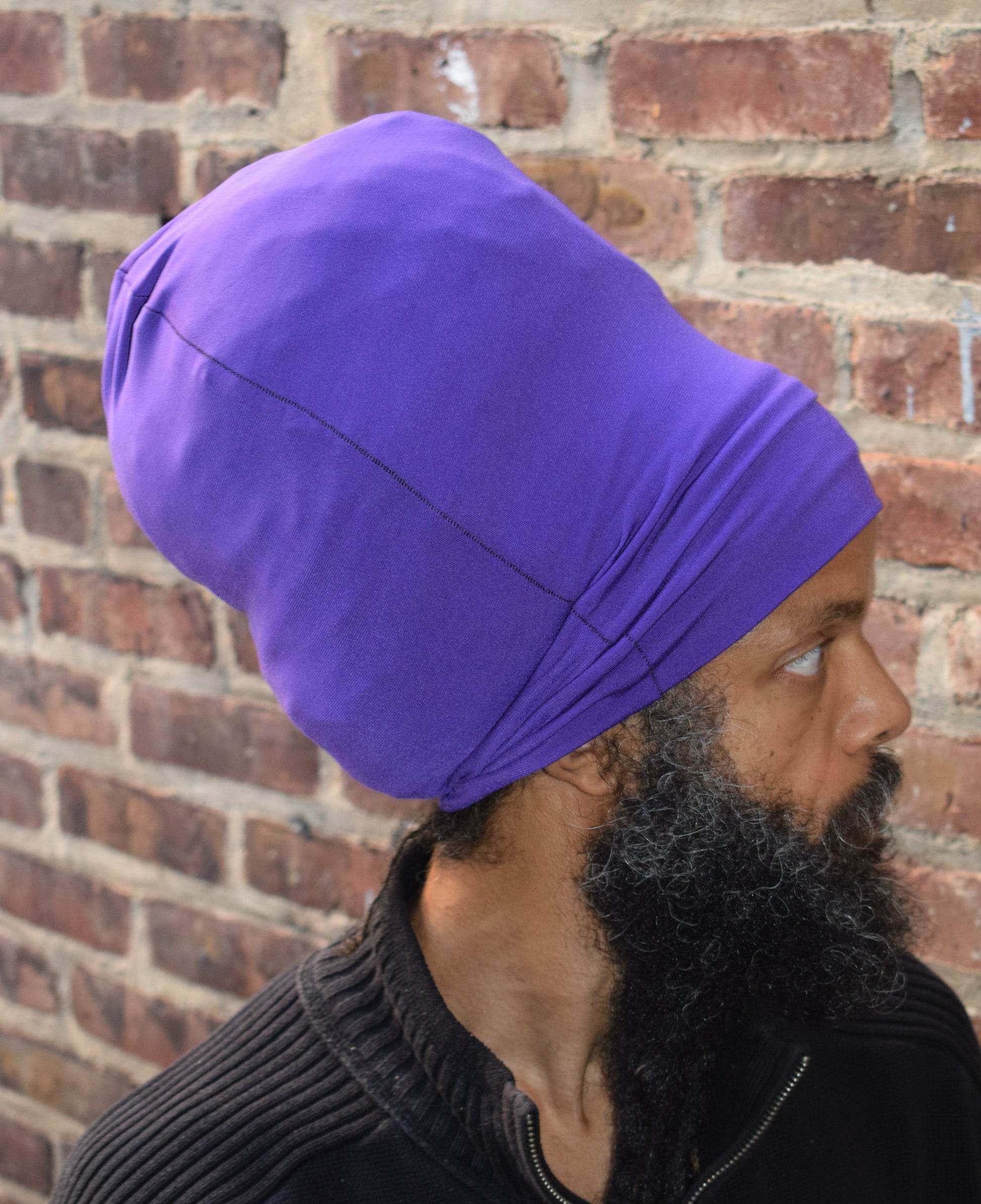 Purple stretch hat - side view.