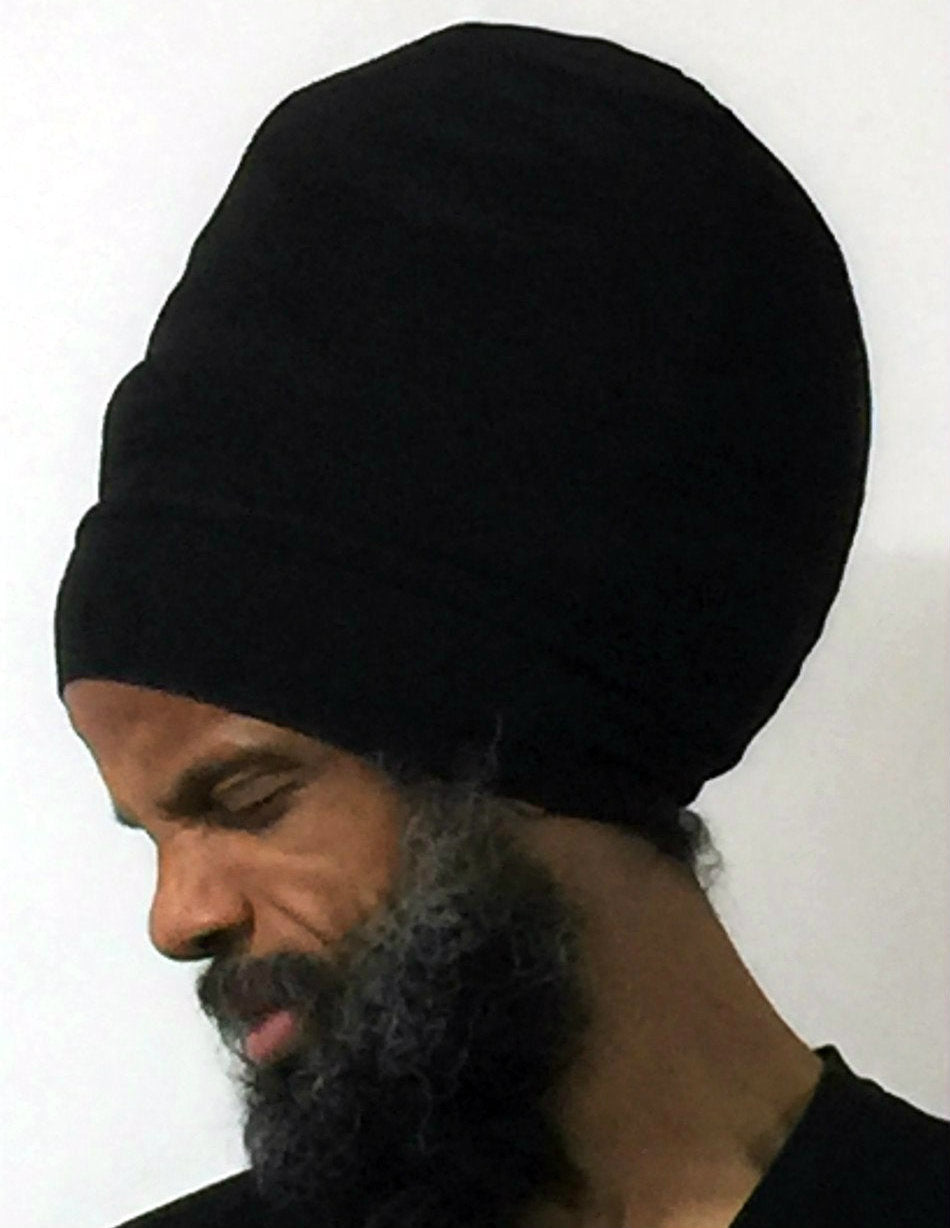 Black hat for dread locs- side view.