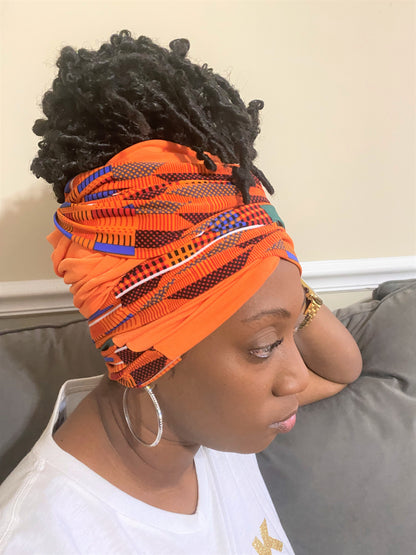 Orange Kente Mix Head-Wrap