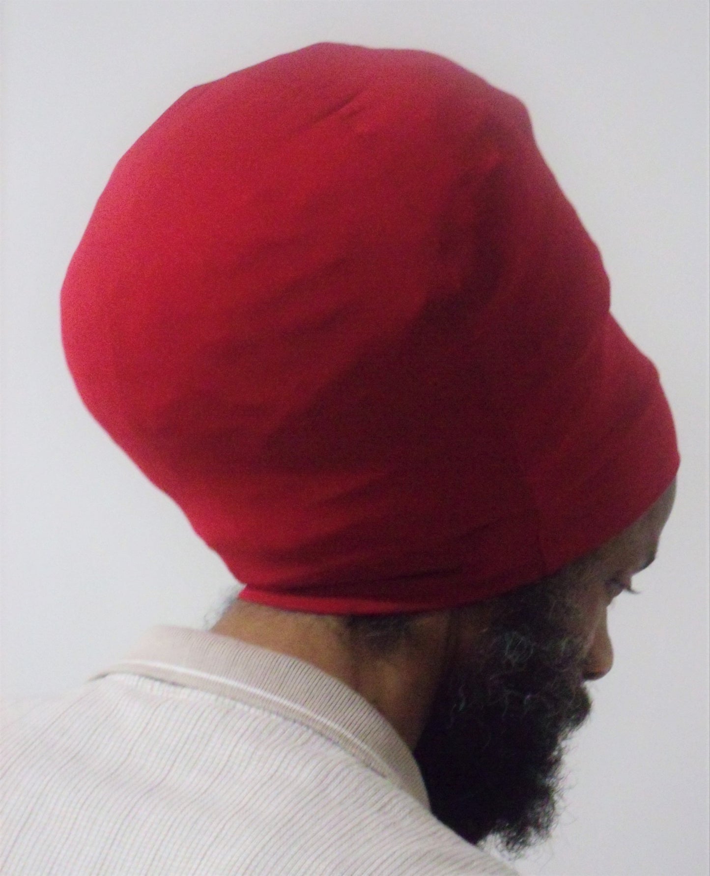 Red stretch hat - back view.