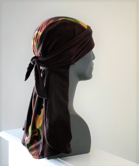 Side View- Durag made from stretch brown fabric mixed with matching camouflage center panel.