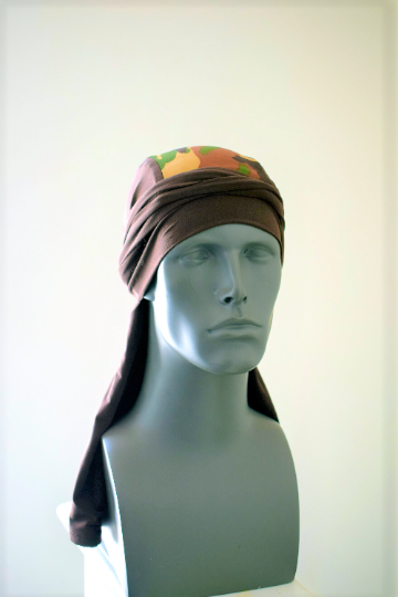 Durag made from stretch brown fabric mixed with matching camouflage center panel.